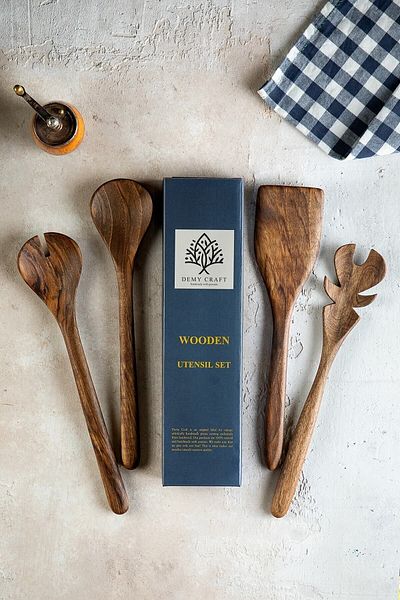 Demy Craft Walnut Wood Handmade 4 Piece Kitchen Set, Wooden Spoon, Fork, Spatula, 30 cm