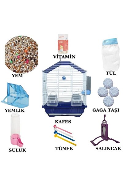 Mavi Kaktüs EVCİLHOME PREMİUM KAFES SETİ BOL AKSESUARLI KAFES BAŞLANGIÇ SETİ