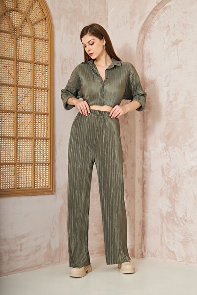 Yıldızistan Women's Khaki Lycra Wide Leg Elastic Waist Trousers Tunic Shirt Double Wrap Casual Suit 3573374