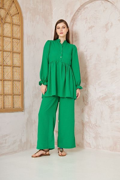 Yıldızistan Benetton Seersucker Women's Tunic and Pocket Pants Set - Balloon Sleeve and Drawstring Design3531360