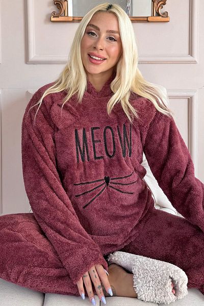 Pijamaevi Set complet de pijamale cu model de pluș Burgundy Meow