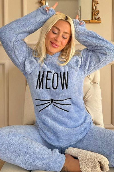Pijamaevi Set de pijamale de pluș cu model Meow Baby Blue