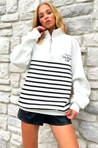 Trend Alaçatı Stili Dámská mikina Ecru - zvýšený potisk, zip Alc-X12732