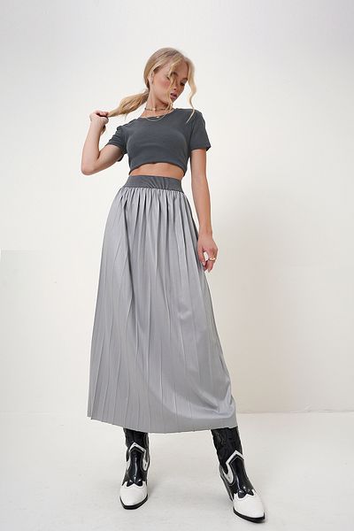 Trend Alaçatı Stili Hellgrauer Damenrock – elastische Taille, plissiert ALC-X12731