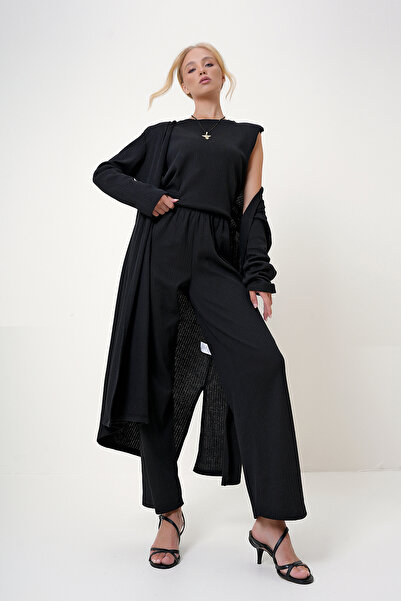 Trend Alaçatı Stili Fekete csíkos női szett - vállpárnázott, nyakú, nadrág és kardigán ALC-X4710