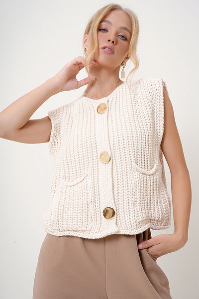 Trend Alaçatı Stili Damen-Strickweste – Creme-Gold, geknöpft, Doppeltasche, ALC-X12779