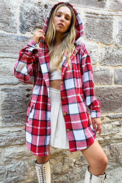 Trend Alaçatı Stili Red-White Plaid Patterned Oversize Women's Shirt Jacket - Hooded Alc-X12658