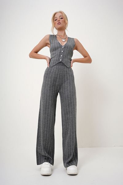 Trend Alaçatı Stili Anthracite V-Neck Striped Knitwear Vest and Elastic Waist Pants Set - Alc-X12747