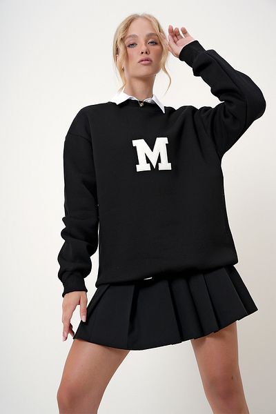 Trend Alaçatı Stili Schwarzes, besticktes Oversize-Sweatshirt – Rundhalsausschnitt, Raster ALC-X12754