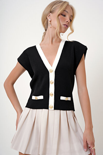 Trend Alaçatı Stili Fekete arany gombos V-nyakú, párnázott mellény - ALC-X12734