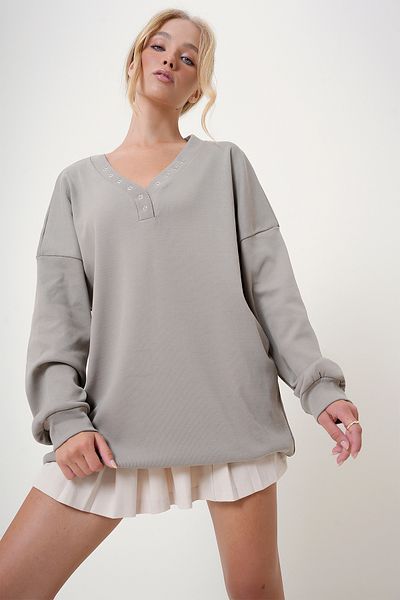 Trend Alaçatı Stili Oversize mikina s kamenným výstřihem do V - Alc-X12783