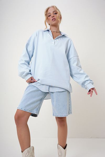 Trend Alaçatı Stili Blaues Oversize-Sweatshirt mit V-Ausschnitt – ALC-X12783