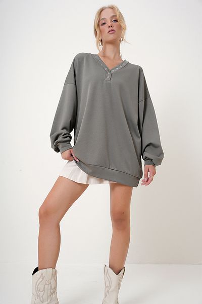 Trend Alaçatı Stili Khakifarbenes Oversize-Sweatshirt mit V-Ausschnitt – ALC-X12783
