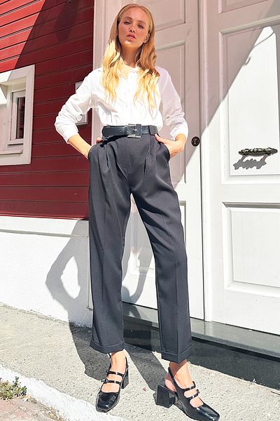 Trend Alaçatı Stili Black Fabric Trousers - Belt and Pocket Detail, Alc-X12720