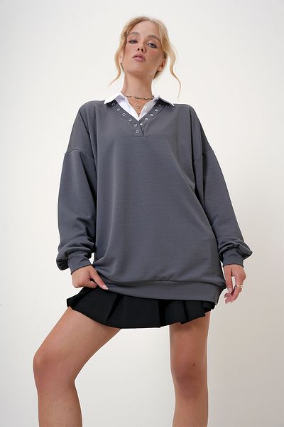 Trend Alaçatı Stili Damen-Sweatshirt in Übergröße mit V-Ausschnitt – Anthrazit ALC-X12783