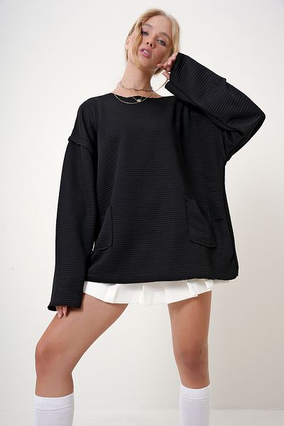 Trend Alaçatı Stili Μαύρο πουλόβερ με ραβδώσεις - Crew Neck, Διπλή τσέπη ALC-X12642