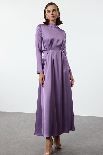 Trendyol Modest Тъкана сатенена вечерна рокля - лилава, с плисирана талия TCTSS24DB00074