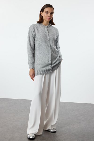 Trendyol Modest Knitwear Cardigan Gray with Accessory Detail - TCTAW25TH00004
