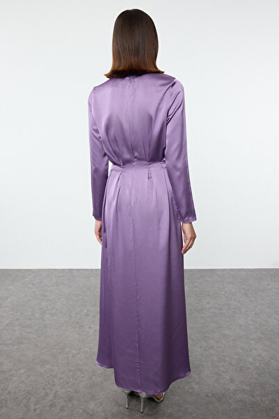 Trendyol Modest Woven Satin Evening Dress - Purple, Pleated Waist Detail TCTSS24DB00074