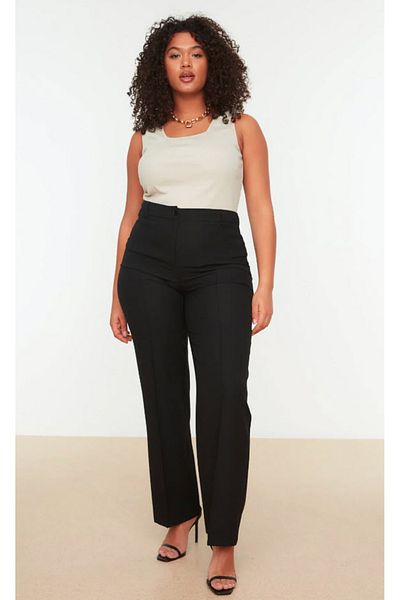 Trendyol Curve Schwarze Hose aus gewebtem Stoff mit hoher Taille und geripptem Detail, spanisches Bein TBBSS22PL0301