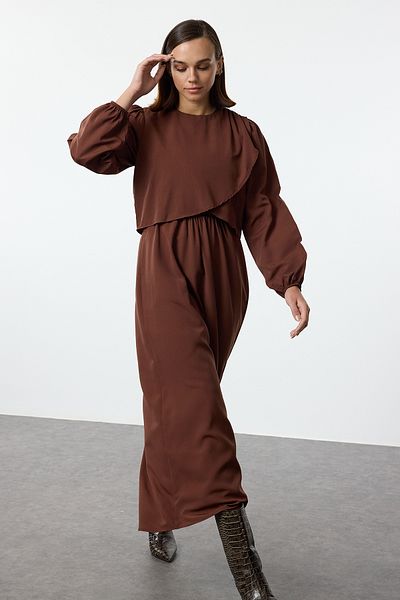 Trendyol Modest Καφέ υφαντό φόρεμα με λεπτομέρεια Peplum - TCTAW25EB00083