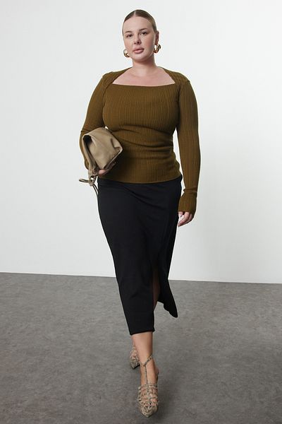 Trendyol Curve Premium Soft Fabric - Oil Green Knit Λεπτομερή πλεκτά μπλούζα Tbbaw25af00004