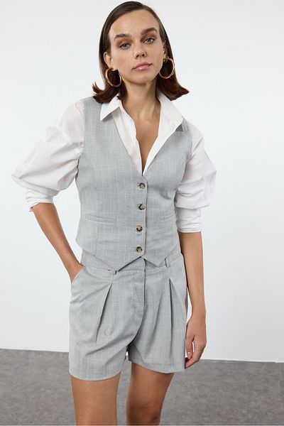Trendyol Collection Gray Striped Crop/Short Woven Regular Vest Twoaw25Ye00076