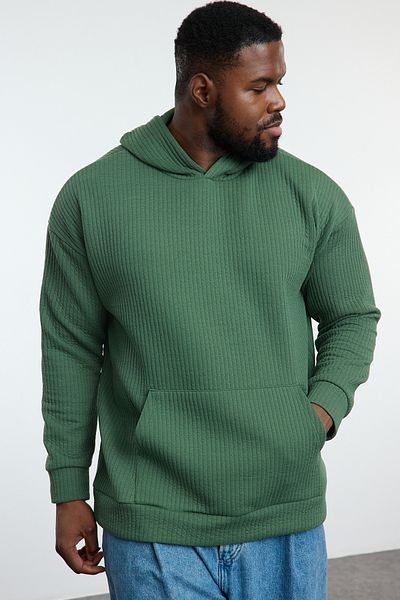 Trendyol Collection Dickes strukturiertes Khaki-Sweatshirt - Große Größe, weite Passform Tmnaw25Ao00050
