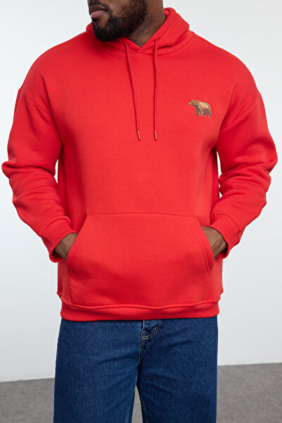 Trendyol Collection Nagy méretű piros túlméretes/széles szabású kapucnis belső polár pulóver TMNAW25AO00005