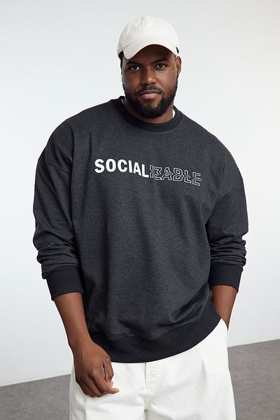 Trendyol Collection Crew Neck Print Oversize pulóver - antracit melange, nagy méretű TMNAW25AO00019
