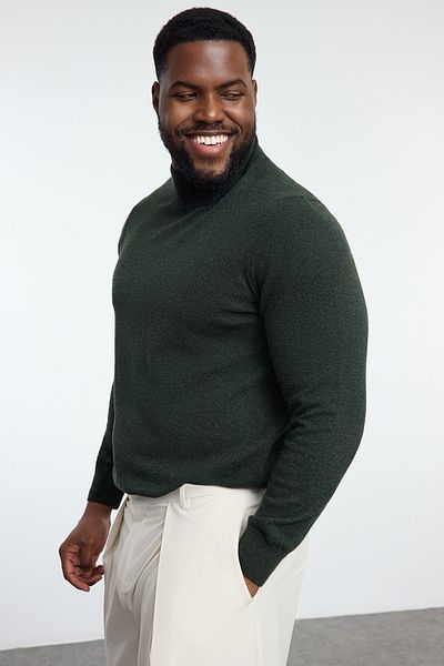 Trendyol Collection Khakifarbener Strickpullover für Herren – Slim Fit, halber Rollkragenpullover, Übergröße TMNAW25AN00003
