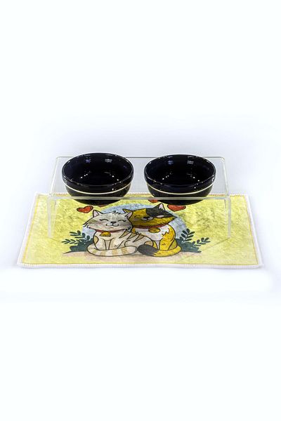 GOBYPET 2-Piece Ceramic Decorative Cat and Dog Plexiglass Food & Water Bowl Mat