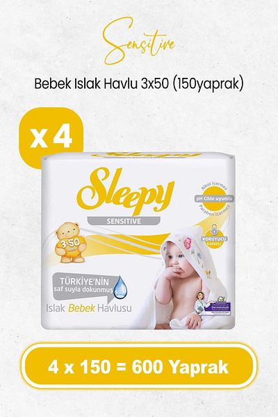 Sleepy Wet Sensitive Baby Wipes - 3X50X4 Pieces (600 Sheets)