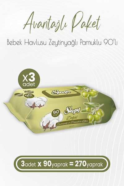 Sleepy Olive Oil and Cotton - 90 Sheets Baby Wet Towel X 3 (270 Sheets)