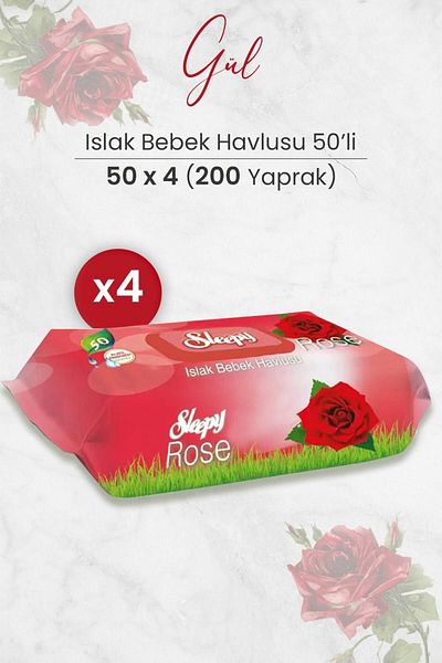 Sleepy 50 Pieces of Rose Scented Baby Towels - 4 Pieces (200 Sheets)