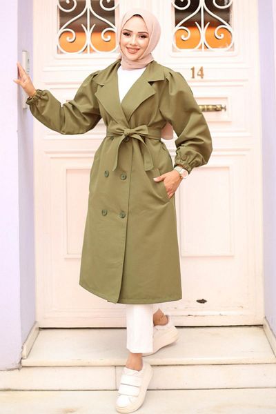 MİSSKAYLE Khaki Trench Coat 4429 - Shoulder Pleated Detail
