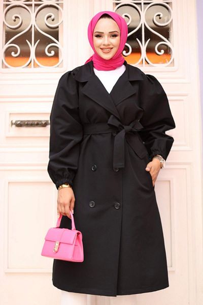 MİSSKAYLE Black Trench Coat - Shoulder Pleated Detail, Model 4429