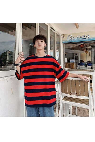 Aesthia Mingalondon Unisex Oversize Red Black Striped T-Shirt