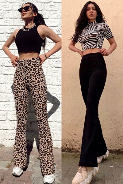 KaSheHa Leopar Ve Siyah 2'li Paket Ispanyol Paça Krep Kumaş Pantolon 100 Cm