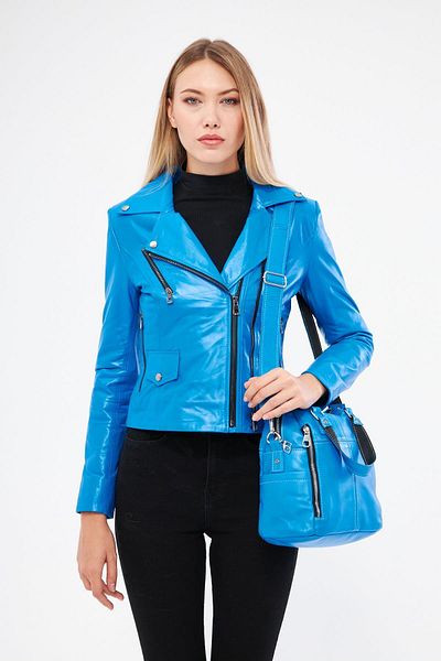 DERİNSS Dr1249 - Women's Blue Genuine Leather Coat and Bag Combination