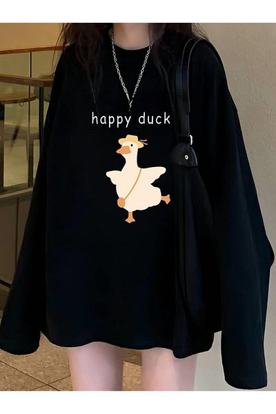 Aesthia Φούτερ MINGALONDON Happy Duck Μαύρο Unisex Oversize - Crew Neck