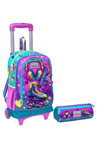 Coral High Pembe Turkuaz Kulaklık Paten Işıklı Tekerlekli Çekçek Çanta ve Kal...
