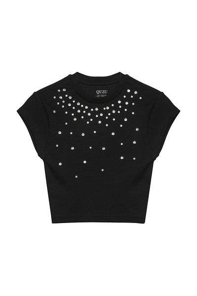 Quzu Black Corded Crop Blouse - with Stone Accessories