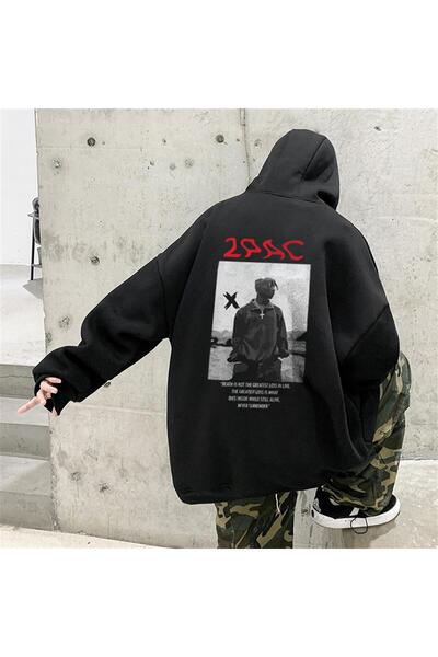 Aesthia Hanorac negru supradimensionat unisex cu glugă MINGALONDON 2Pac Shakur