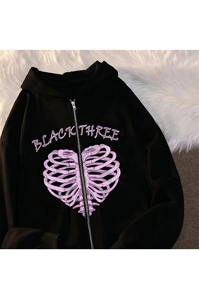 Aesthia MINGALONDON Black Oversize Hooded Cardigan - Three Cage Heart Printed, Unisex με φερμουάρ