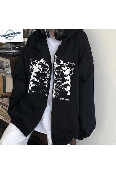 Aesthia MINGALONDON - Unisex Black Cardigan, Aesthetic Skeleton Printed, Oversize Hoodie με φερμουάρ
