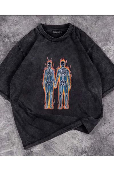 Aesthia MINGALONDON Unisex Oversize Vintage T-shirt - Flaming Skeletons Printed Washable