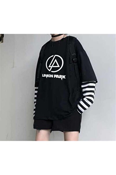 Aesthia Linkin Park logo Štampano unisex crna T-shirt - lažni rukavi