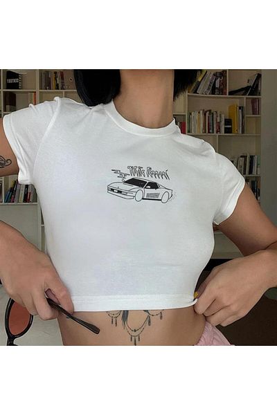 Aesthia Mingalondon White Vintage Car Printed Crop Top