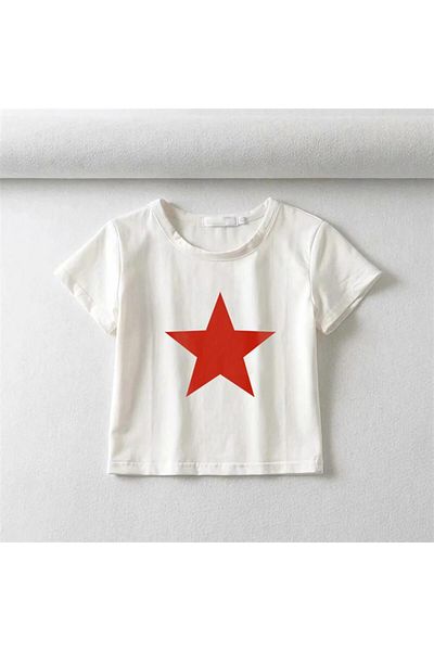 Aesthia MINGALONDON - Crop Top alb, imprimat cu stea roșie